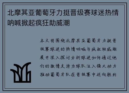 北摩其亚葡萄牙力挺晋级赛球迷热情呐喊掀起疯狂助威潮