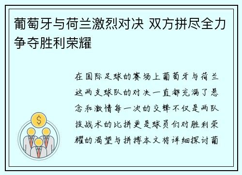 葡萄牙与荷兰激烈对决 双方拼尽全力争夺胜利荣耀