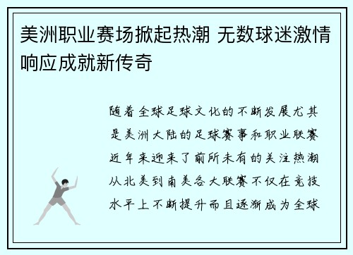 美洲职业赛场掀起热潮 无数球迷激情响应成就新传奇